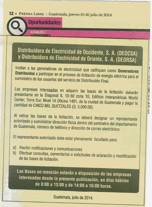 Convocatoria a Licitación GD-1-2014