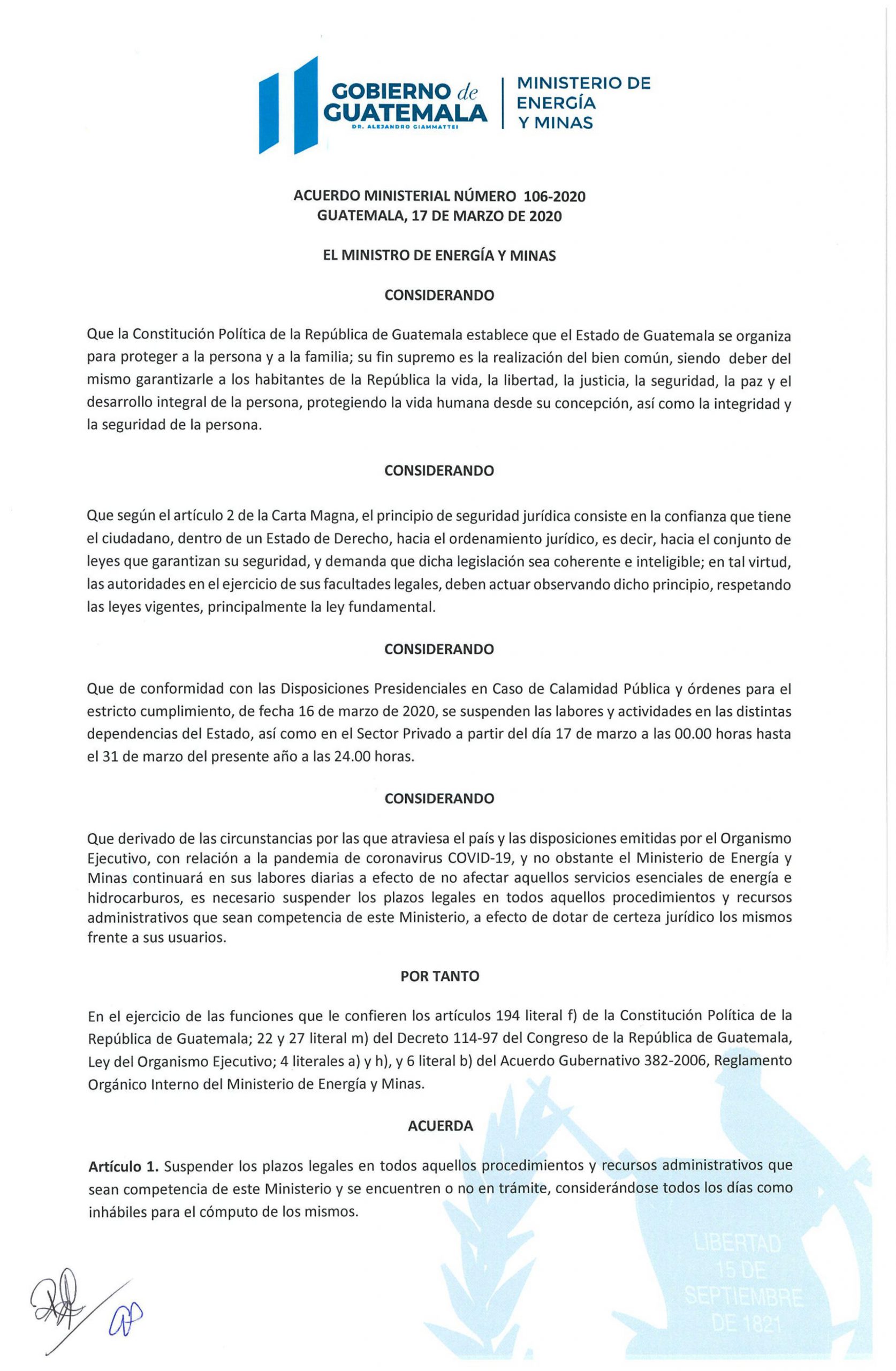 Ministerio de Energía y Minas suspende plazos legales en Acuerdo 106-2020