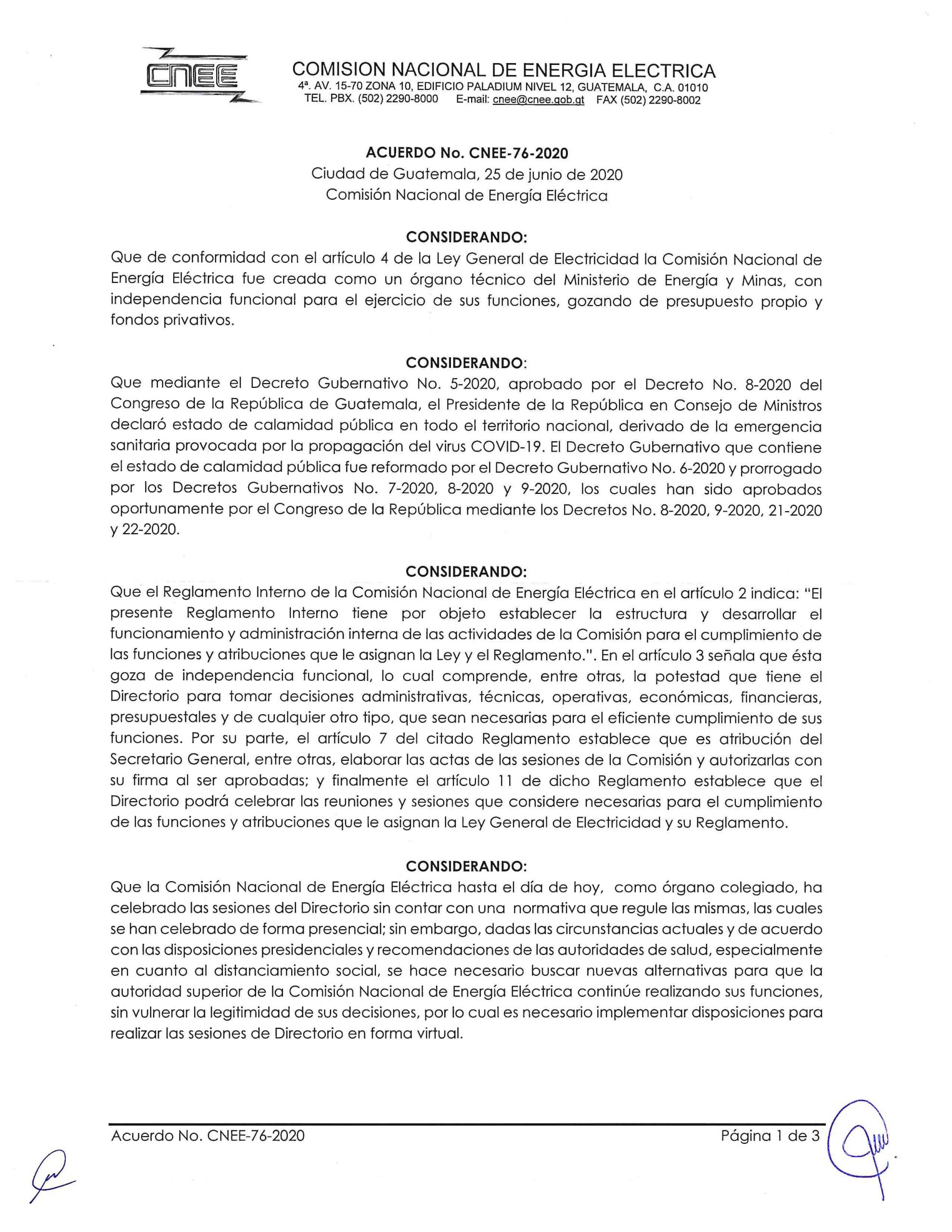 Acuerdo CNEE 76-2020, Disposiciones para reuniones presenciales y virtuales