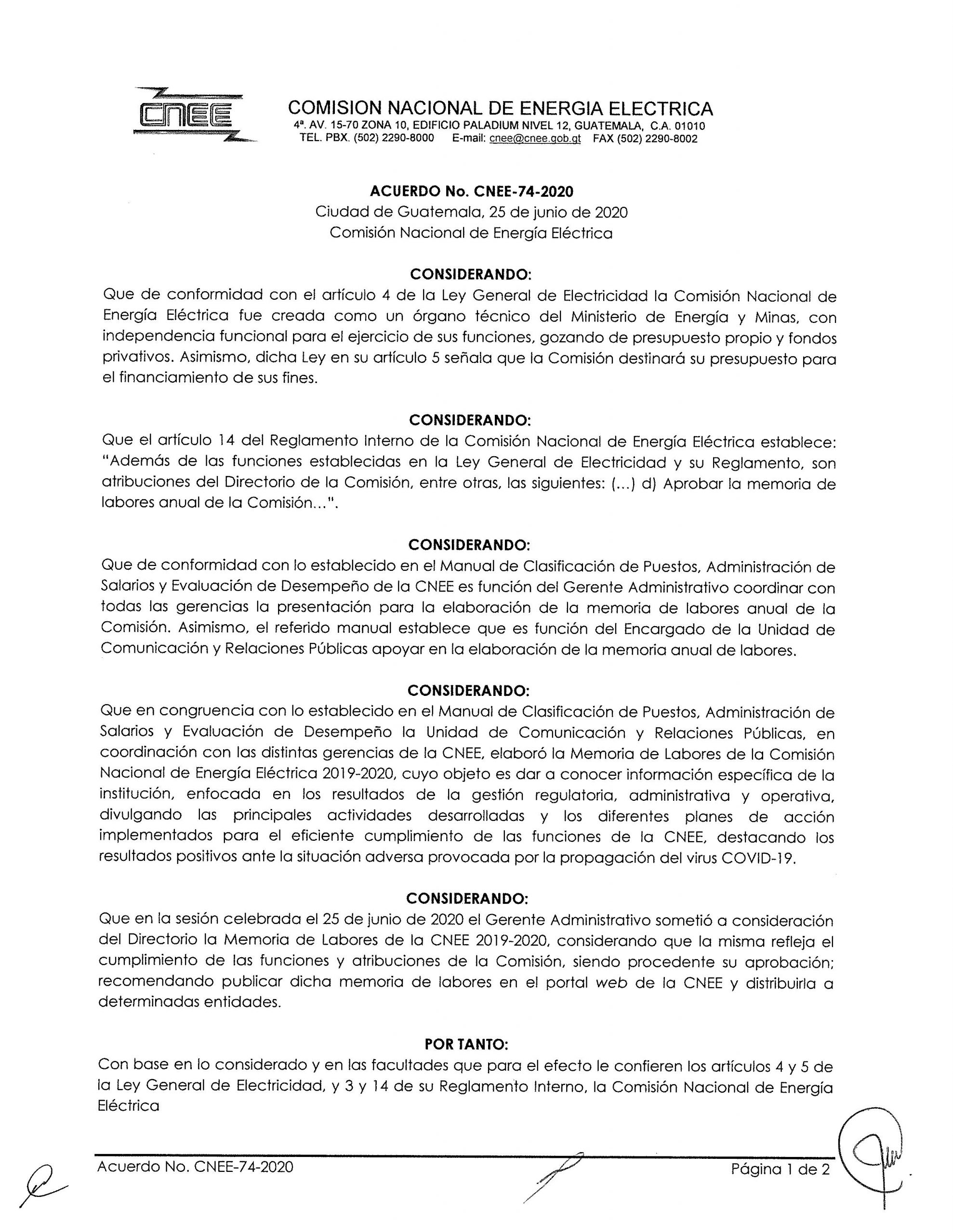 Acuerdo CNEE-74-2020: Aprobación de la Memoria de Labores 2019-2020